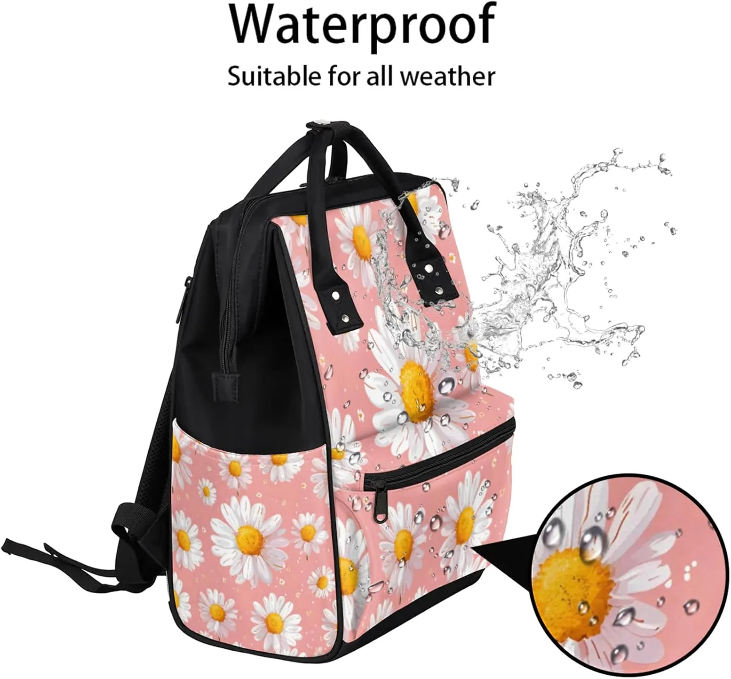 Daisy With Droplets Design Double Shoulder Mommy Bag for Women, Polyester Large Capacity Diaper Backpack with Multi Pockets, Waterproof Adjustable Straps Diaper Bag for Moms Dads, 11''×7''×15.7''