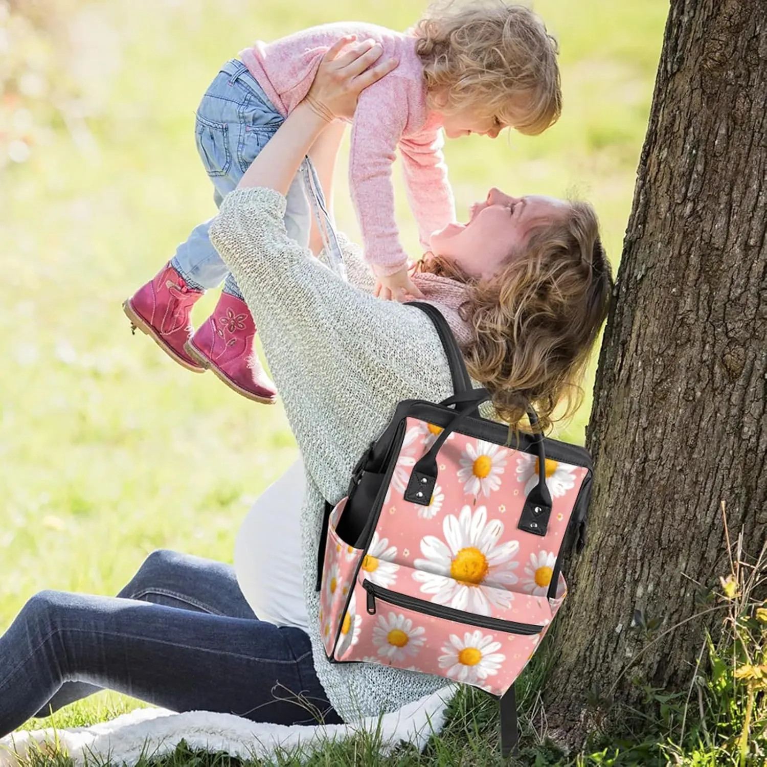 Daisy With Droplets Design Double Shoulder Mommy Bag for Women, Polyester Large Capacity Diaper Backpack with Multi Pockets, Waterproof Adjustable Straps Diaper Bag for Moms Dads, 11''×7''×15.7''