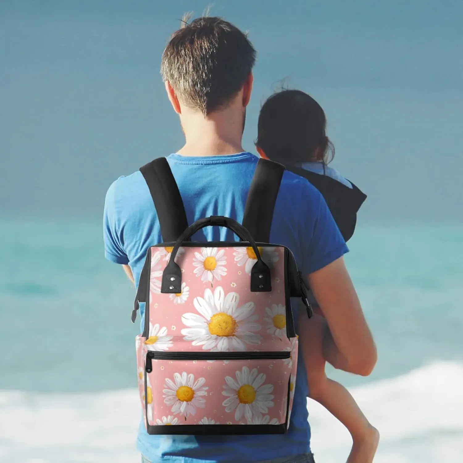 Daisy With Droplets Design Double Shoulder Mommy Bag for Women, Polyester Large Capacity Diaper Backpack with Multi Pockets, Waterproof Adjustable Straps Diaper Bag for Moms Dads, 11''×7''×15.7''