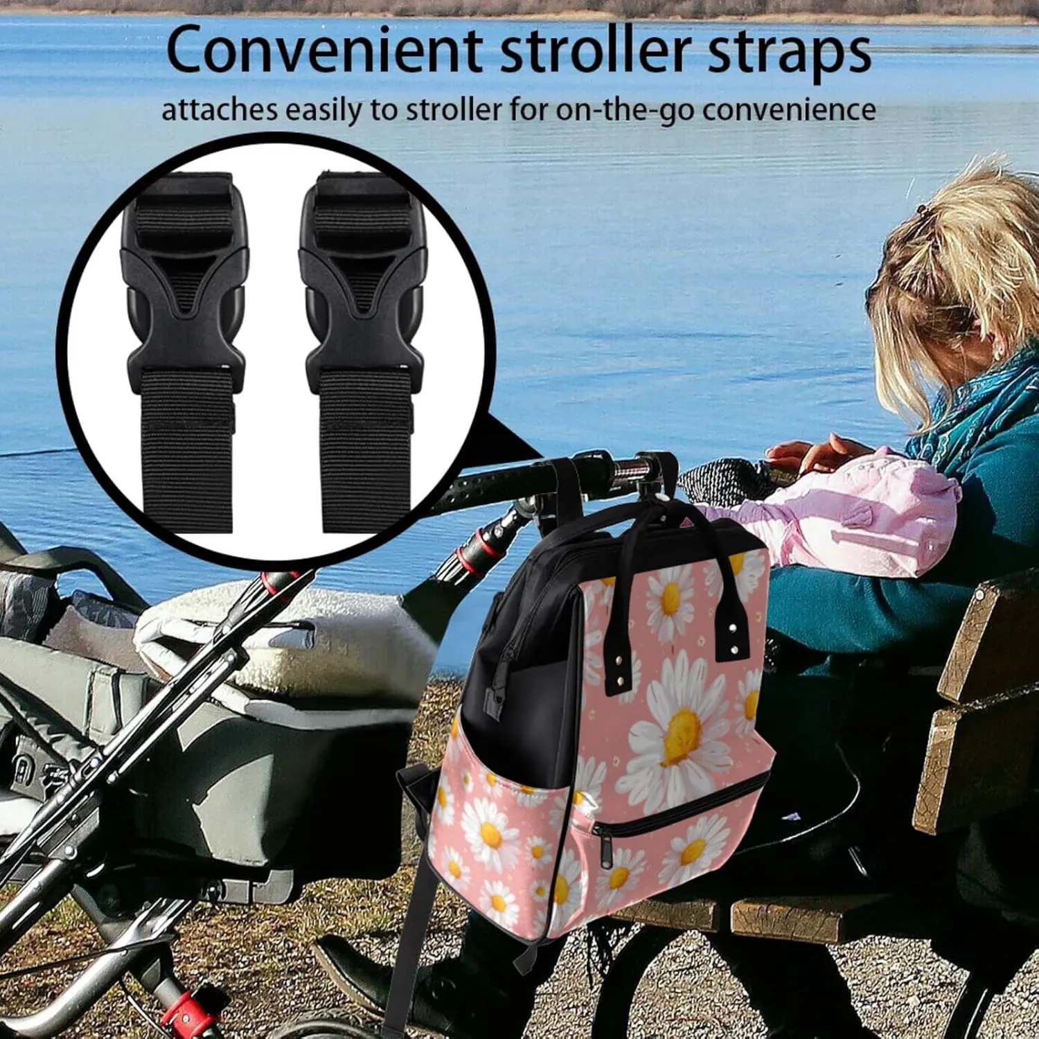 Daisy With Droplets Design Double Shoulder Mommy Bag for Women, Polyester Large Capacity Diaper Backpack with Multi Pockets, Waterproof Adjustable Straps Diaper Bag for Moms Dads, 11''×7''×15.7''