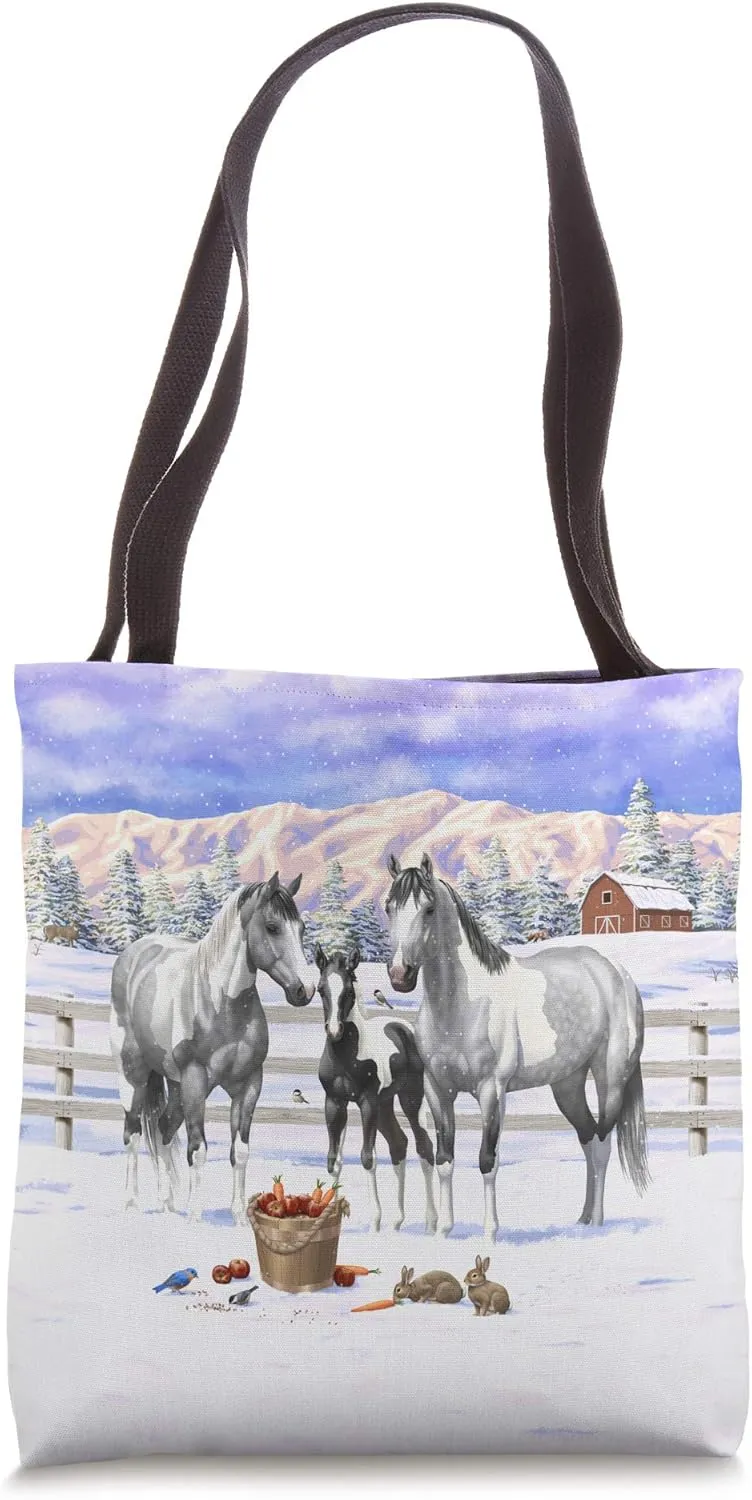 Dapple Gray & Black Pinto Paint Horses In Snow Winter Scene Tote Bag