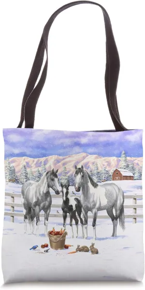 Dapple Gray & Black Pinto Paint Horses In Snow Winter Scene Tote Bag