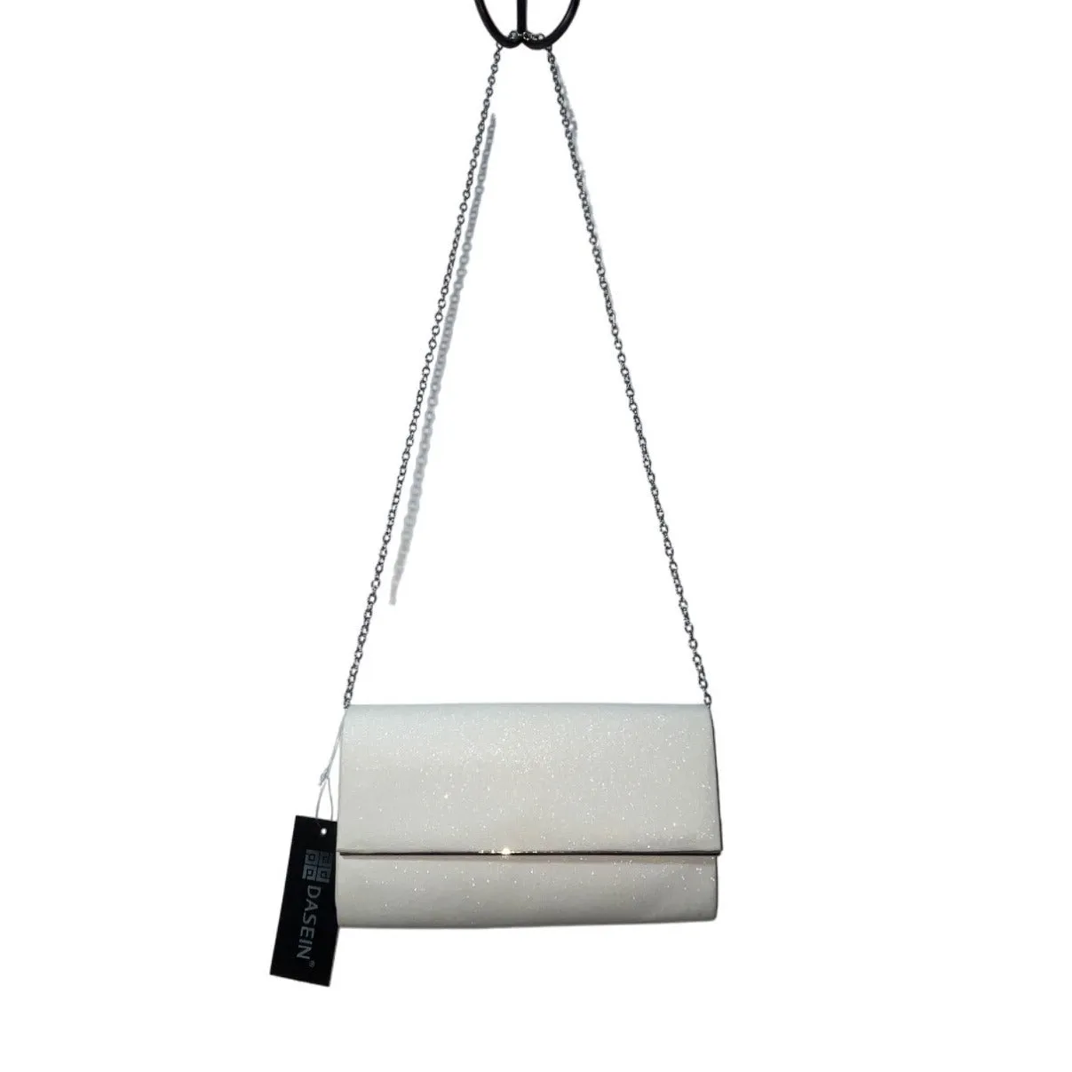 Dasein Women's White Glitter Chain Strap Snap Closure Evening Clutch Sz S - NWT