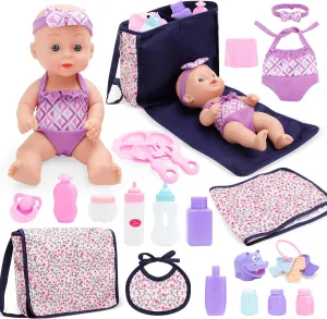 deAO Baby Doll Accessories Diaper Bag Feeding and Caring Playset Pretend Play Toys for Girls with 11in Baby Doll,Carrier,Quilt,Bottles,Doll Colthes, Birthday Gift for Girls Boys Kids