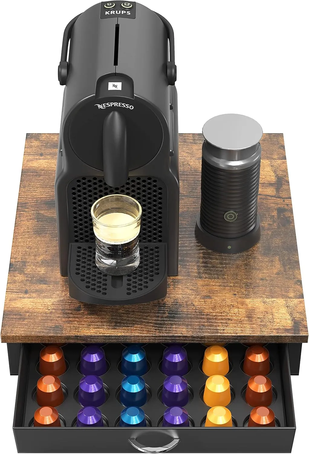 DecoBrothers Wooden Coffee Pod Drawer Compatible with 42 Nespresso Original Line Capsules, Rustic Brown
