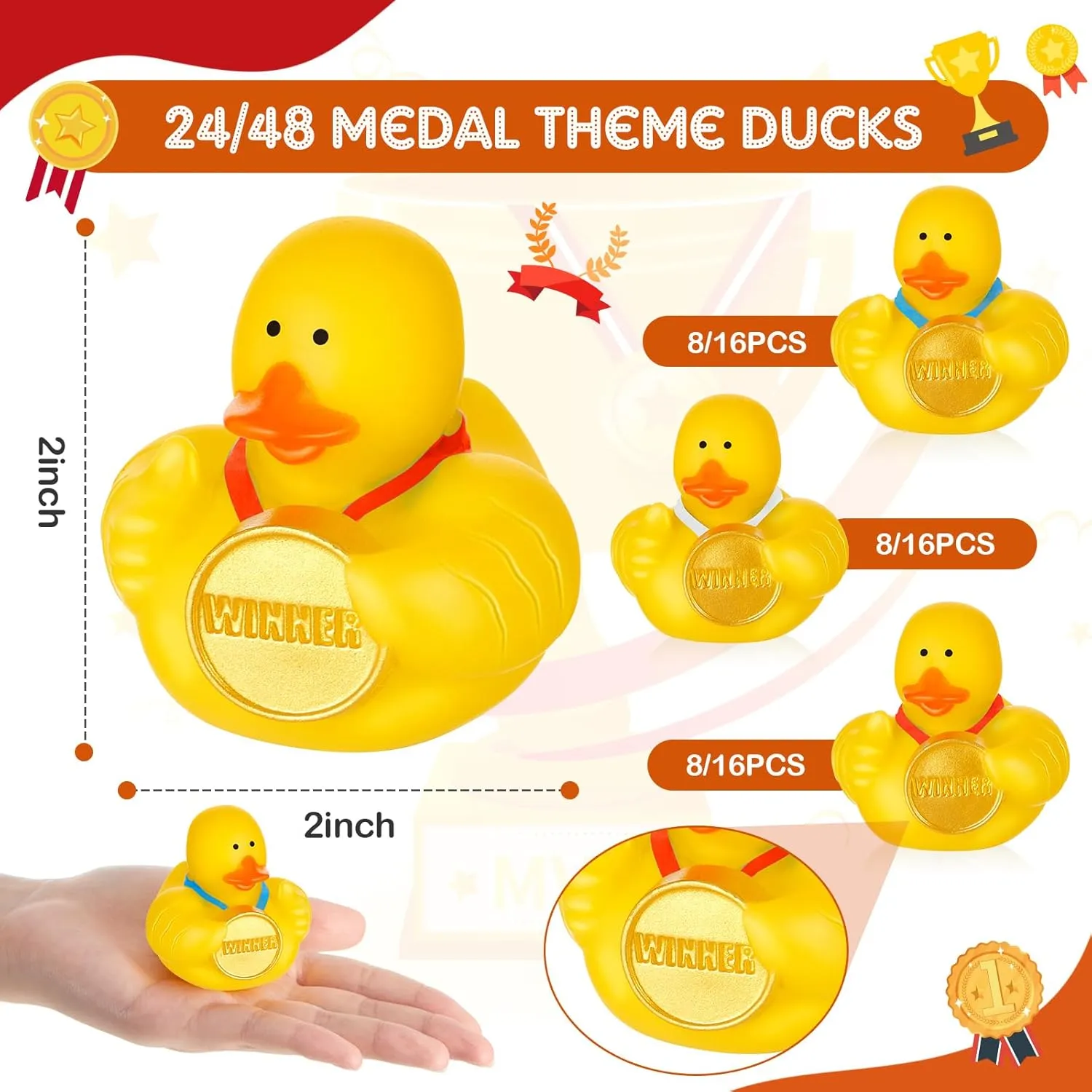 DEEKIN 24 Pcs Award Medal Rubber Ducks 2 Inch Winner Ducks Graduation Party Favors Sports Competition Prize Gifts Decor