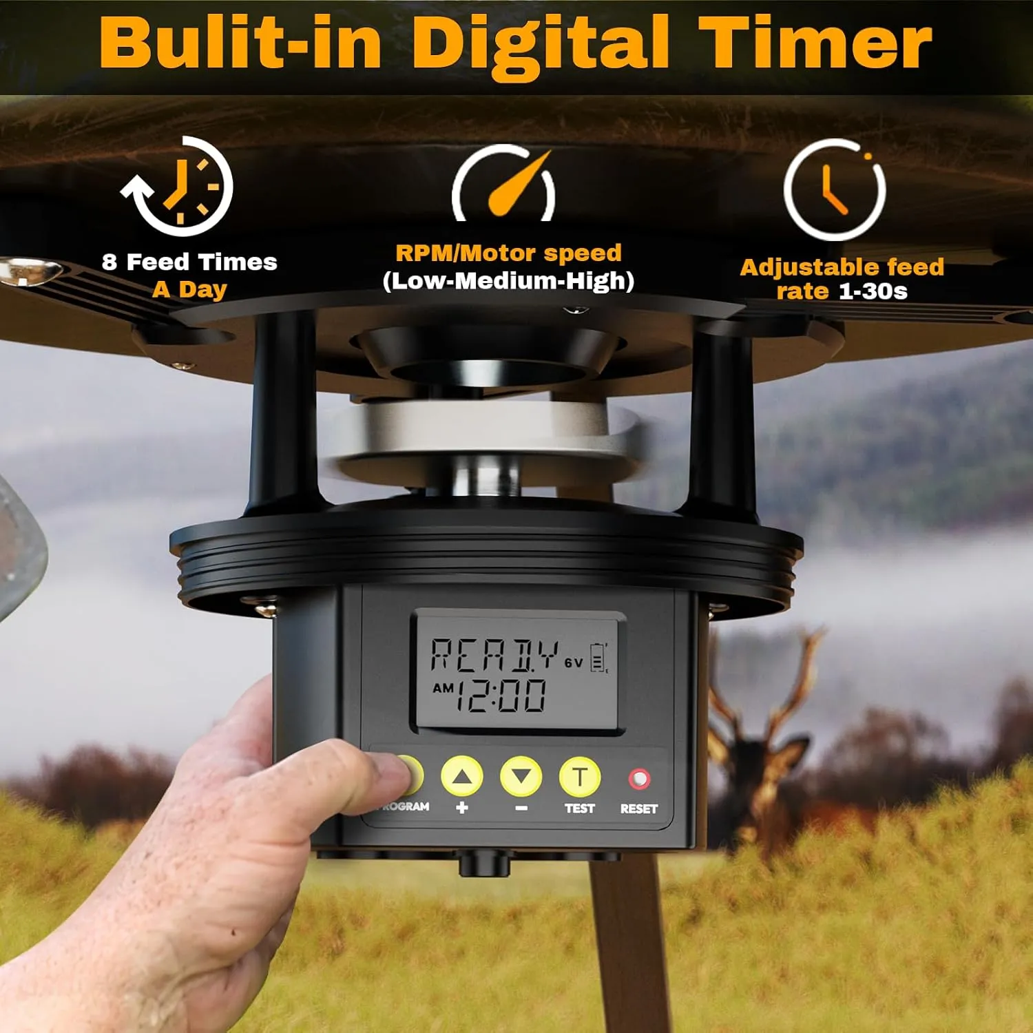 Deer Feeder Kit, Easy to Use Feeder Motor & Timer Kit, Small-Size Game Feeder/Chicken Feeder, Sturdy Hunting Feeder Kit with Spinner/Digital Timer/Adjustable Arms/Batteries Slot/Solar Panel Port