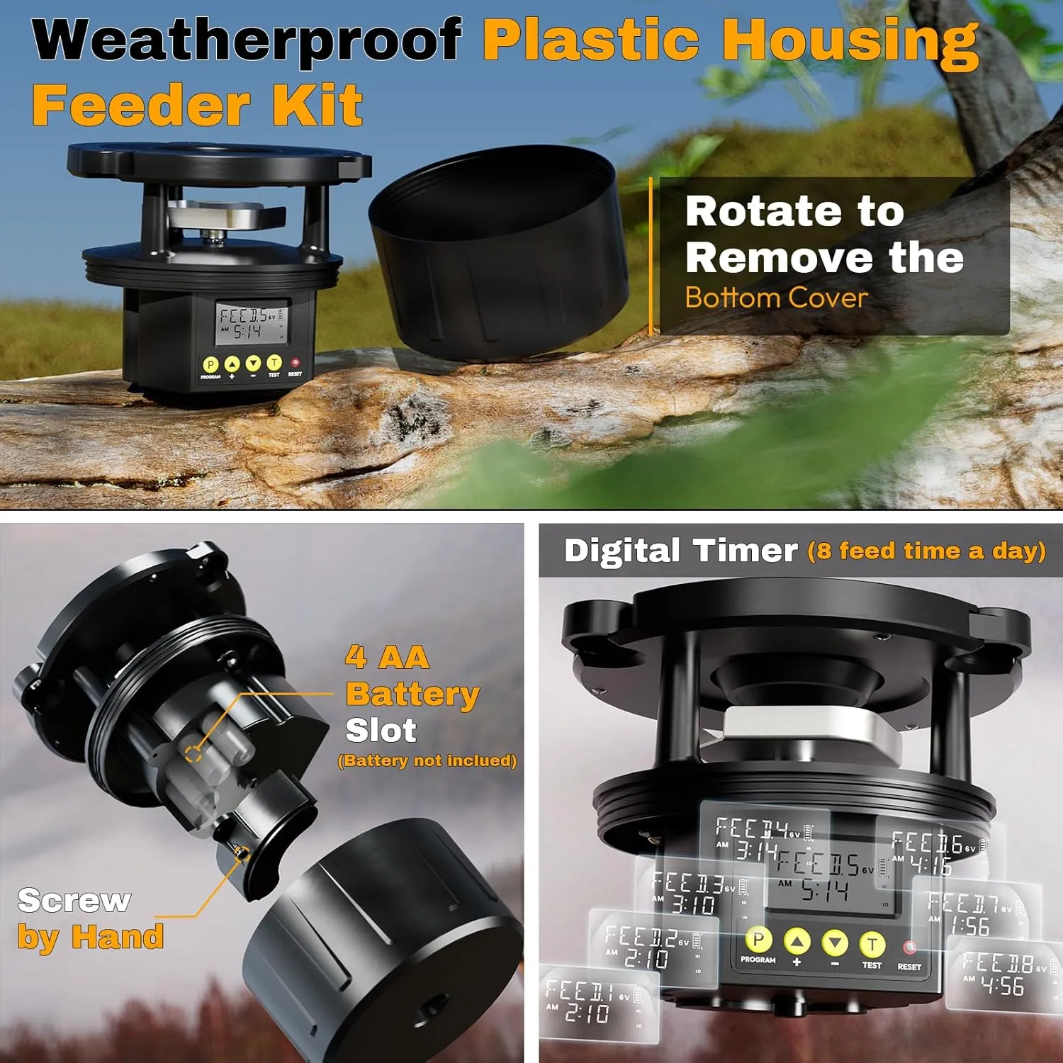 Deer Feeder Kit, Easy to Use Feeder Motor & Timer Kit, Small-Size Game Feeder/Chicken Feeder, Sturdy Hunting Feeder Kit with Spinner/Digital Timer/Adjustable Arms/Batteries Slot/Solar Panel Port