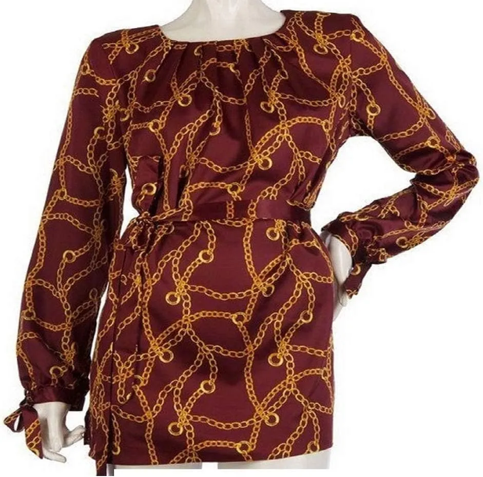 Dennis Basso Printed Charmeuse Tunic Self Belt Bordeaux, X-Small
