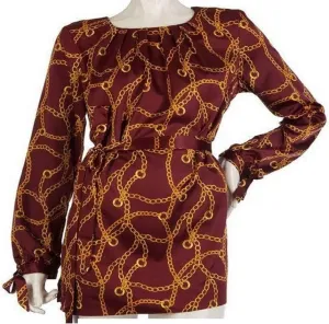 Dennis Basso Printed Charmeuse Tunic Self Belt Bordeaux, X-Small