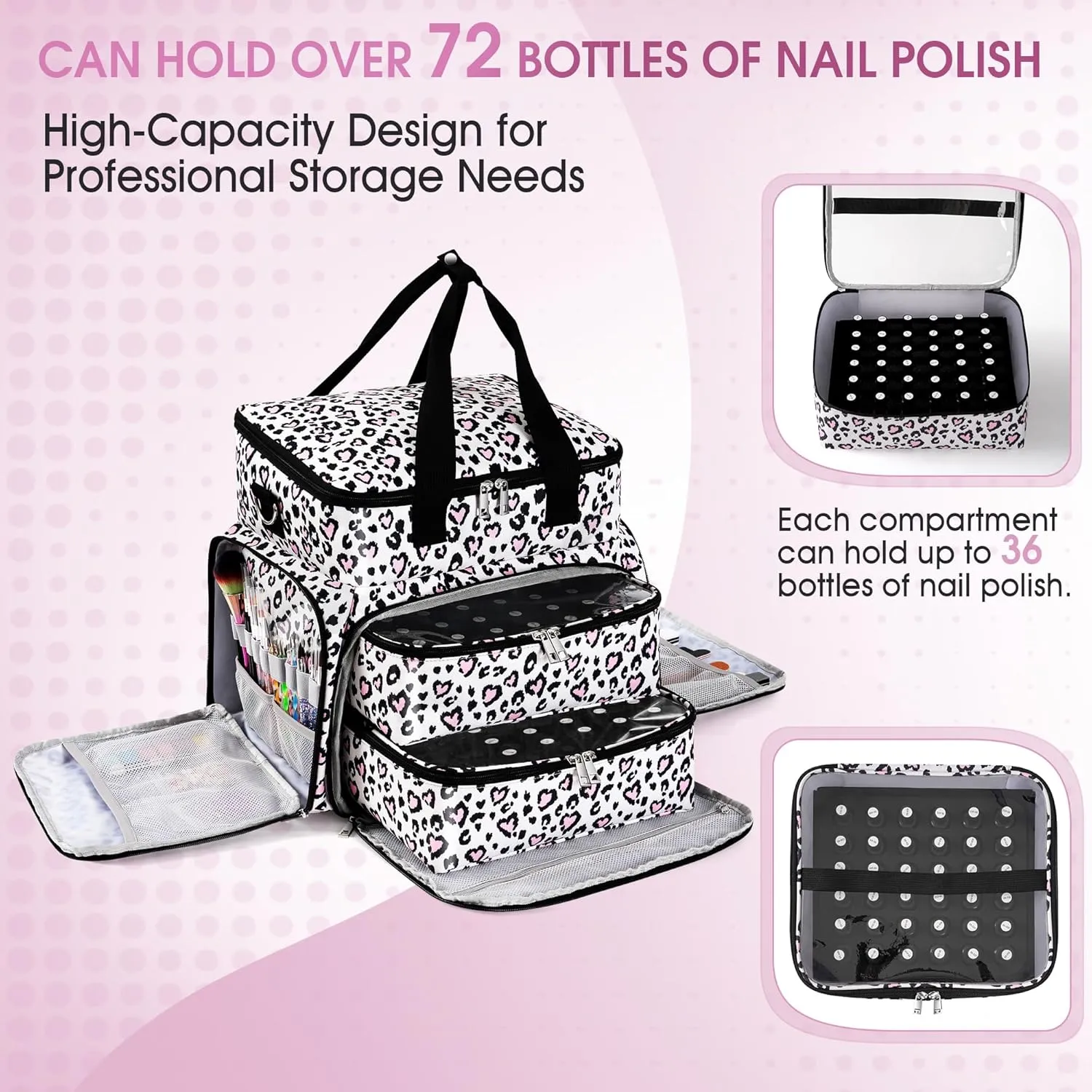 DERSTUEWE Extra Large Nail Polish Organizer Case Holds 72 Bottles, Nail Polish Storage Bag with 2 Removable Compartments, Fits UV Lamp & Nail Tools, Travel Tote for Manicurists & Home Use