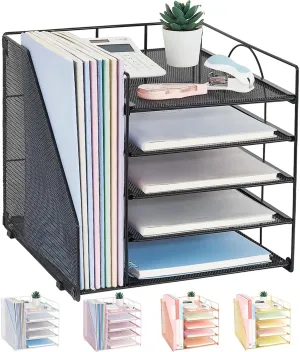 Desk Organizers and Accessories, 5-Tier Paper Letter Tray Organizer with File Holder, Desktop Organizer for Office Supplies (Black)