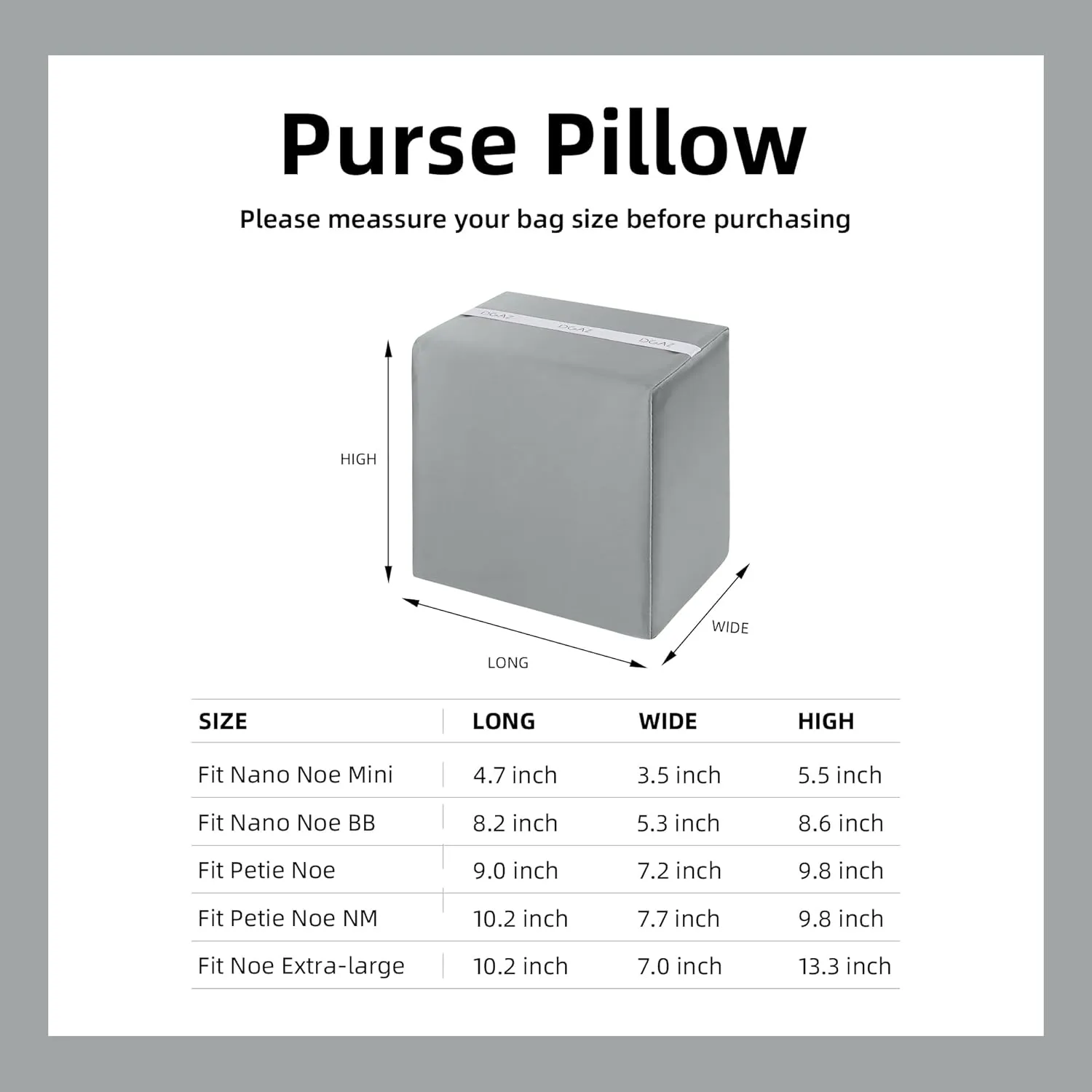 DGAZ Purse Pillow Insert for LV Nano Noe bags, Memory Foam, Silky Pillow Shaper for Luxury Handbags(Pearl gray,Noe BB)