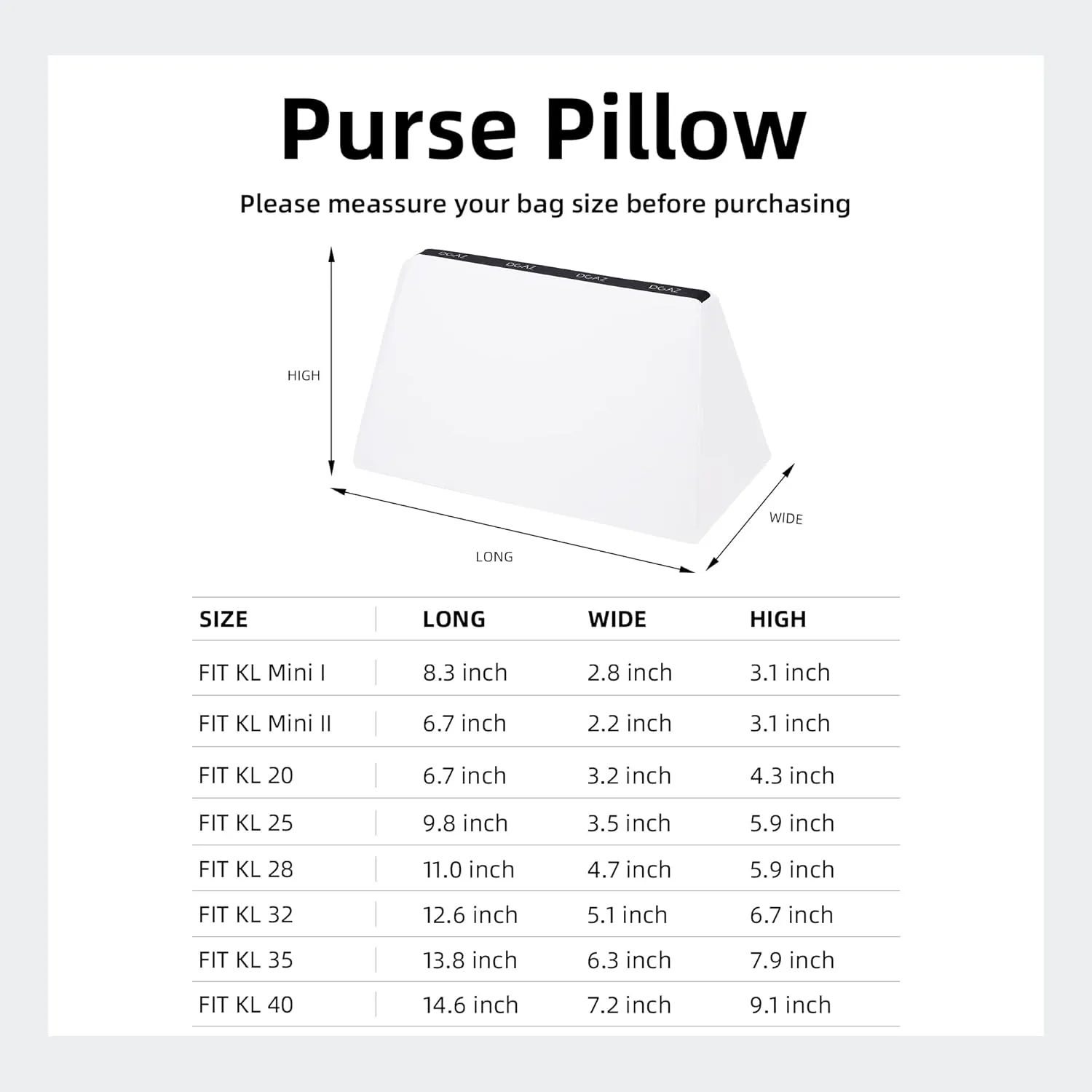 DGAZ Purse Pillow Shaper Insert for Luxury Handbags, Silky Pillow Shaper for Kelly 25/28/32/35 Bags(White,KL32)