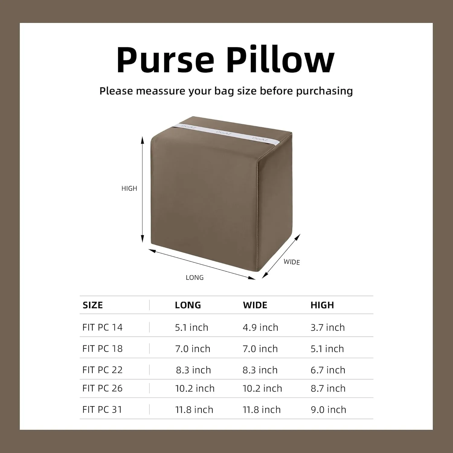 DGAZ Purse Pillow Shaper Insert,Luxury Handbag Tote Shapers, Memory Foam- Fits picotin14/18/22/26/31Bags(Etoupe Grey,PC18)
