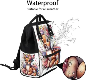 Diaper Bag Backpack Animal Deer Flowers Baby Bag for Boys& Girls, Waterproof Mummy Bag, Baby Nappy Changing Bags, Large Capacity Tote Handbags Casual Travel Backpacks for Mom Dad Unisex