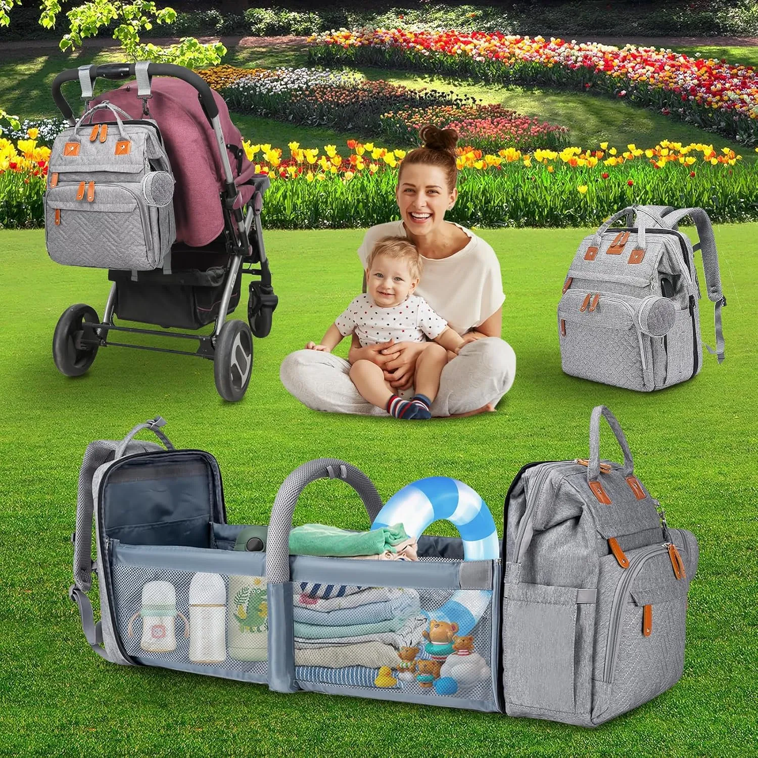Diaper Bag Backpack Diaper Bag Multifunctional Waterproof Diaper Bag with Changing Station Travel Backpack with Changing Pad, Pacifier Case & Stroller Straps(Grey)