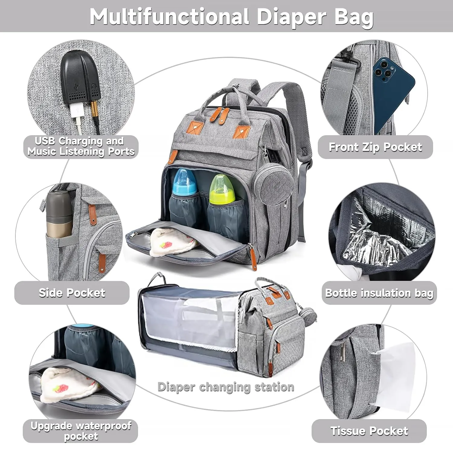 Diaper Bag Backpack Diaper Bag Multifunctional Waterproof Diaper Bag with Changing Station Travel Backpack with Changing Pad, Pacifier Case & Stroller Straps(Grey)