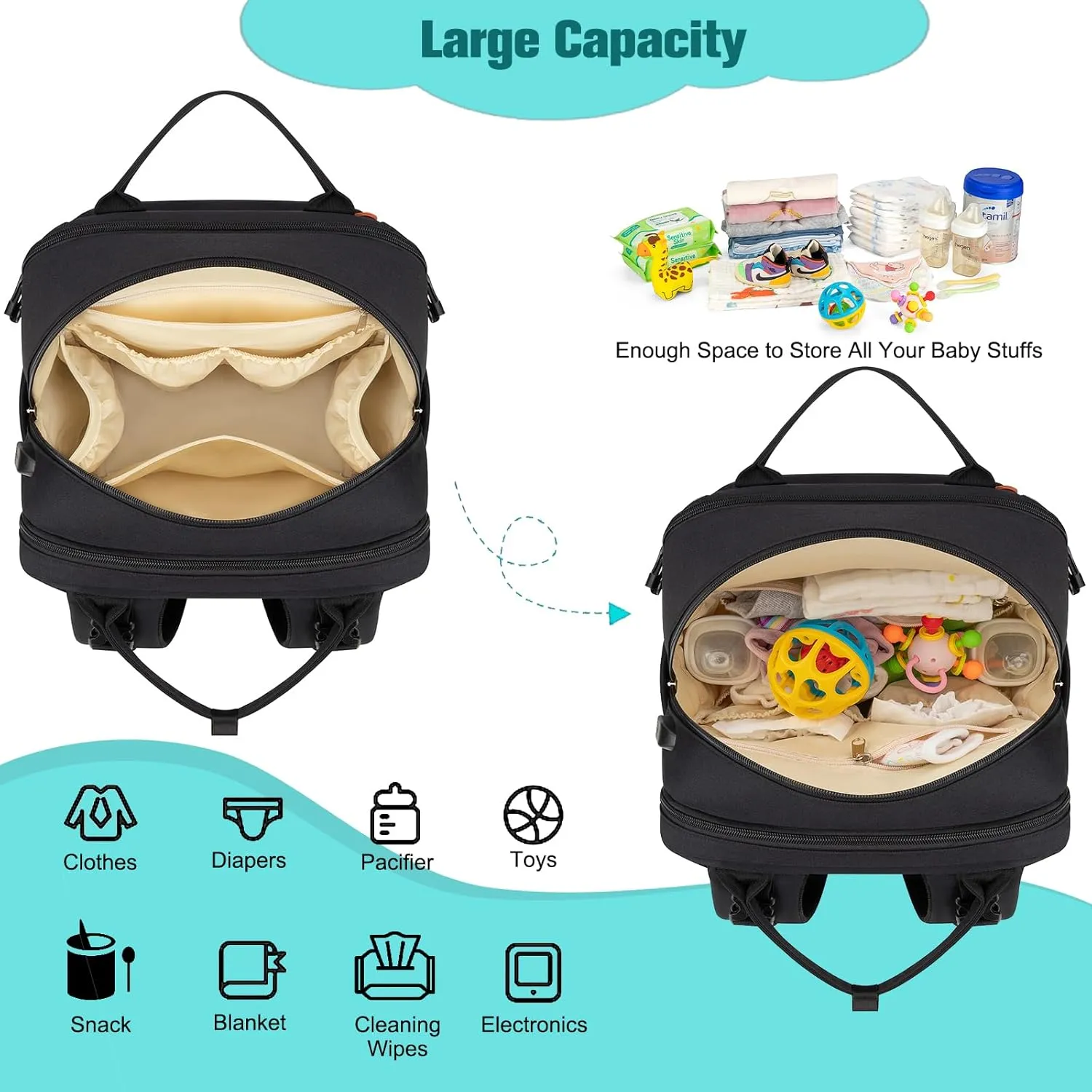 Diaper Bag Backpack,BAGPARKK Multi function Baby Bag with Portable Changing Pad, Pacifier Holder,Waterproof Diaper Bags with USB Charging Port,Anti-Theft Travel Backpack for Mom, Dad, Newborn (Black)