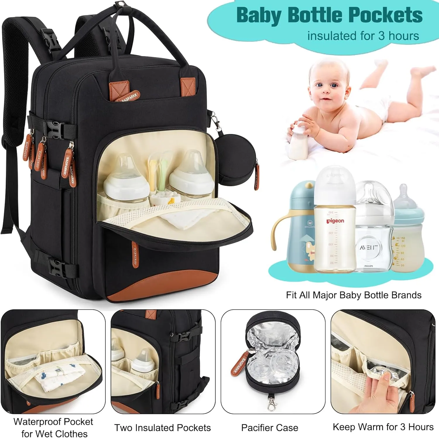Diaper Bag Backpack,BAGPARKK Multi function Baby Bag with Portable Changing Pad, Pacifier Holder,Waterproof Diaper Bags with USB Charging Port,Anti-Theft Travel Backpack for Mom, Dad, Newborn (Black)