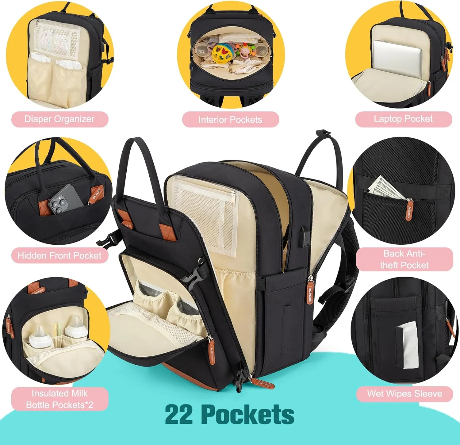 Diaper Bag Backpack,BAGPARKK Multi function Baby Bag with Portable Changing Pad, Pacifier Holder,Waterproof Diaper Bags with USB Charging Port,Anti-Theft Travel Backpack for Mom, Dad, Newborn (Black)