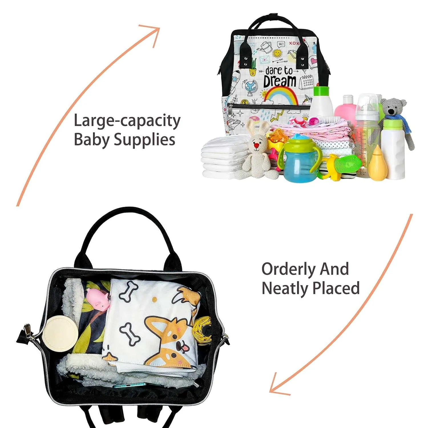 Diaper Bag Mummy Backpack Cute Colorful Doodle Dare to Dream Multifunction Baby Nappy Bag Large Capacity Nursing Bags Waterproof Travel Backpack