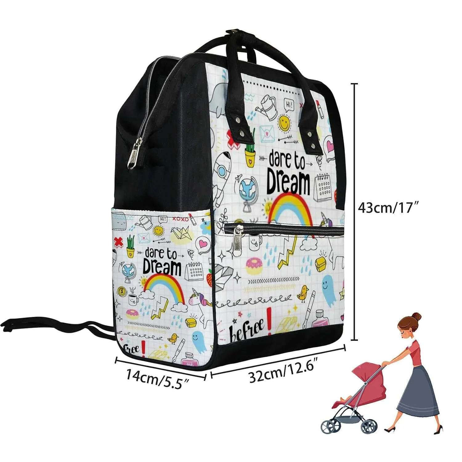 Diaper Bag Mummy Backpack Cute Colorful Doodle Dare to Dream Multifunction Baby Nappy Bag Large Capacity Nursing Bags Waterproof Travel Backpack