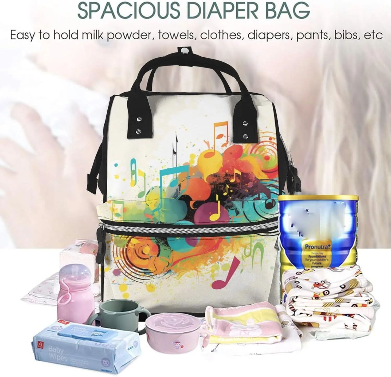 Diaper Bag Nappy Backpack Baby Bag Abstract Music Themed Mummy Backpack Multifunction Changing Bags for Travel, Abstract Music Themed, One Size