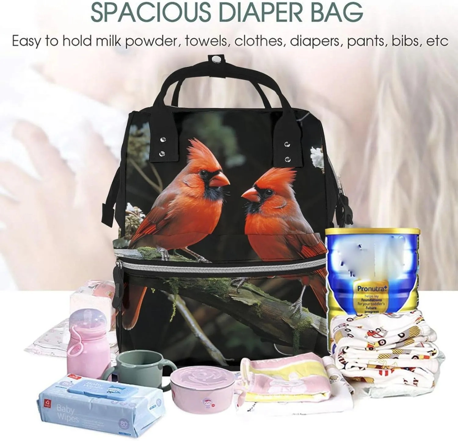Diaper Bag Nappy Backpack Baby Bag Abstract Music Themed Mummy Backpack Multifunction Changing Bags for Travel, Cardinals Birds Fauna Wild, One Size