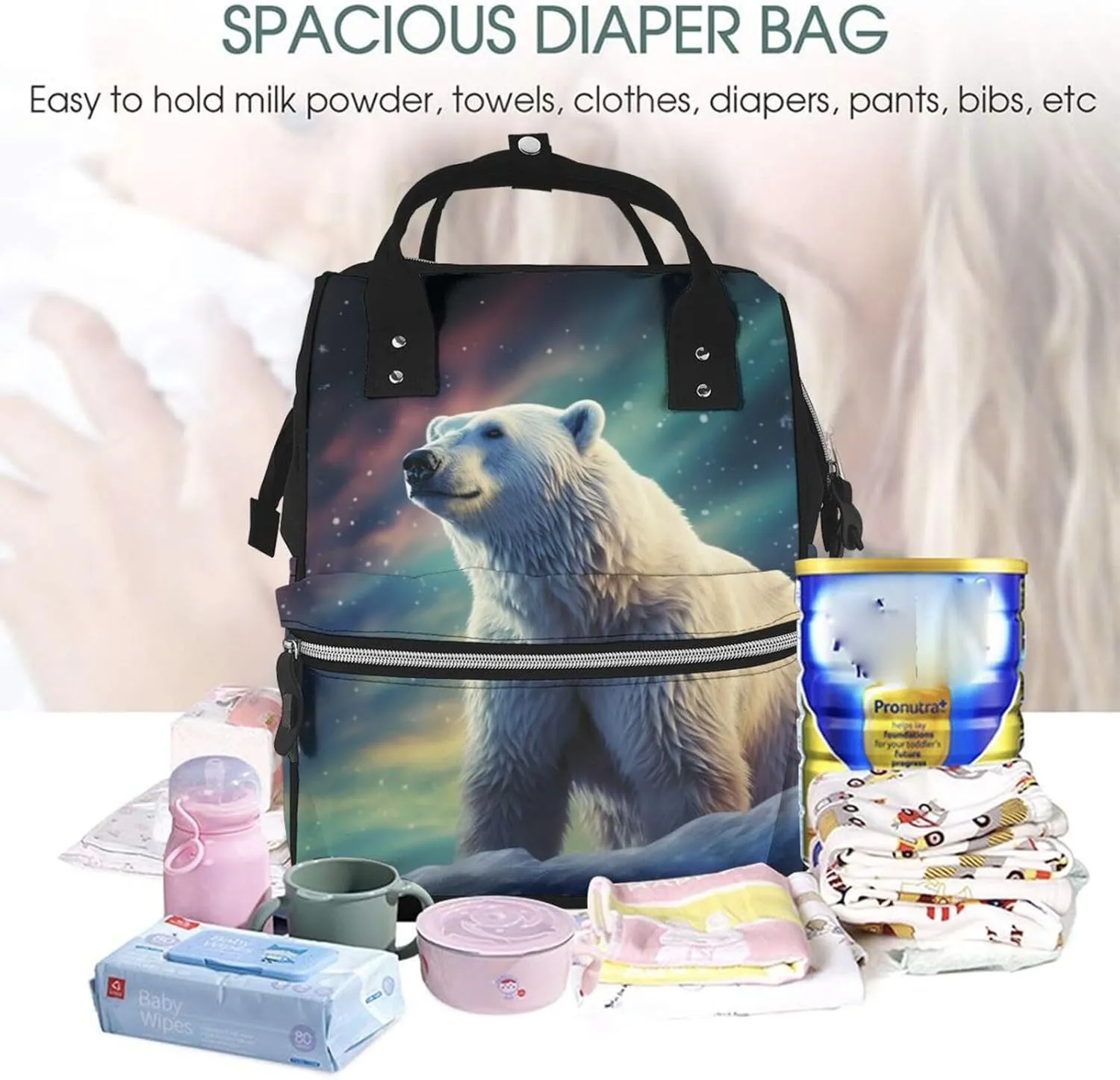 Diaper Bag Nappy Backpack Baby Bag Black and White Octopus and Ship Mummy Backpack Multifunction Changing Bags for Travel, Northern Lights Polar Bear, One Size