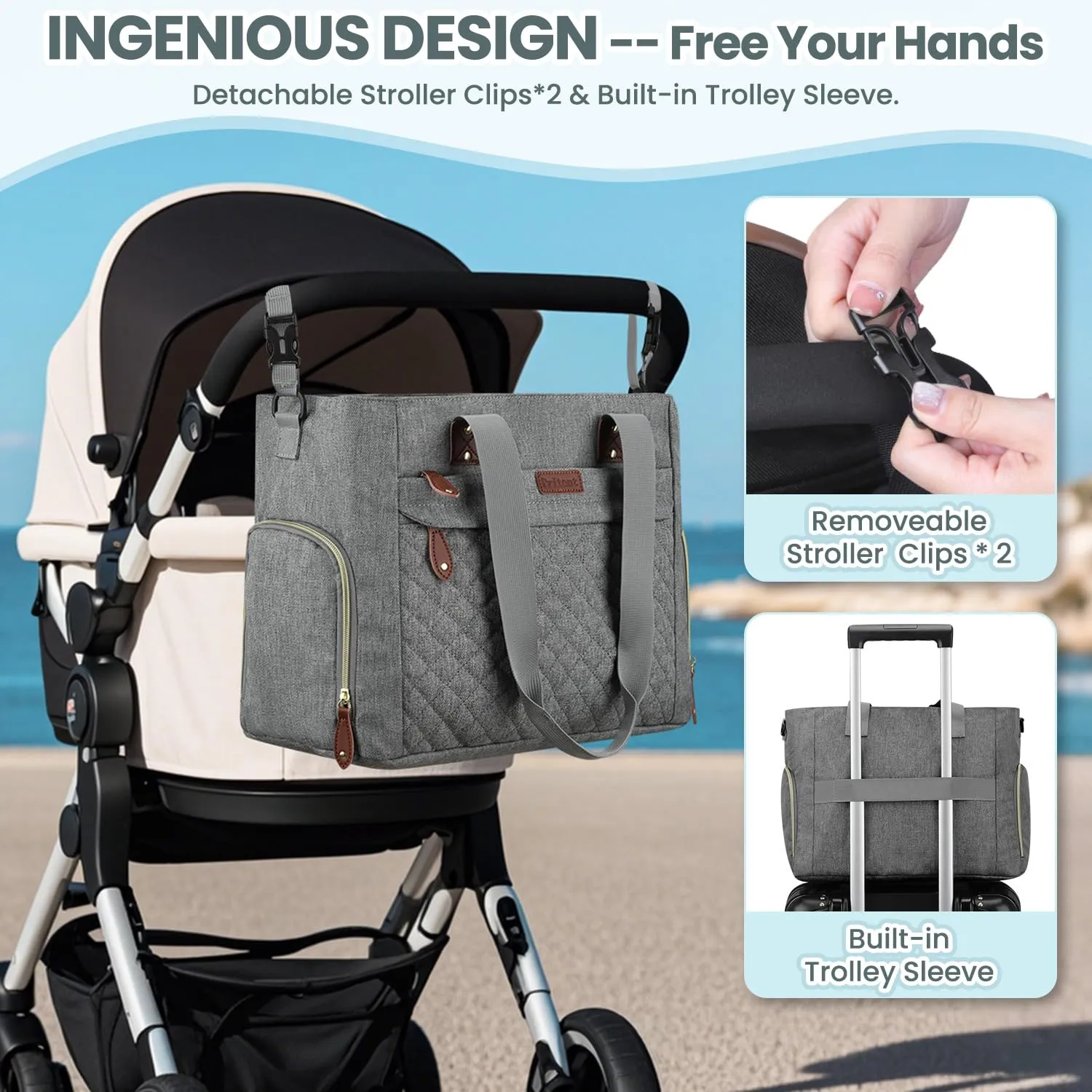 Diaper Bag Tote for Working Mom, Large Travel Diaper Tote for Mom and Dad with 15 Inch Laptop Sleeve, Mommy Maternity Travel Baby Bag for Boys and Girls, Grey