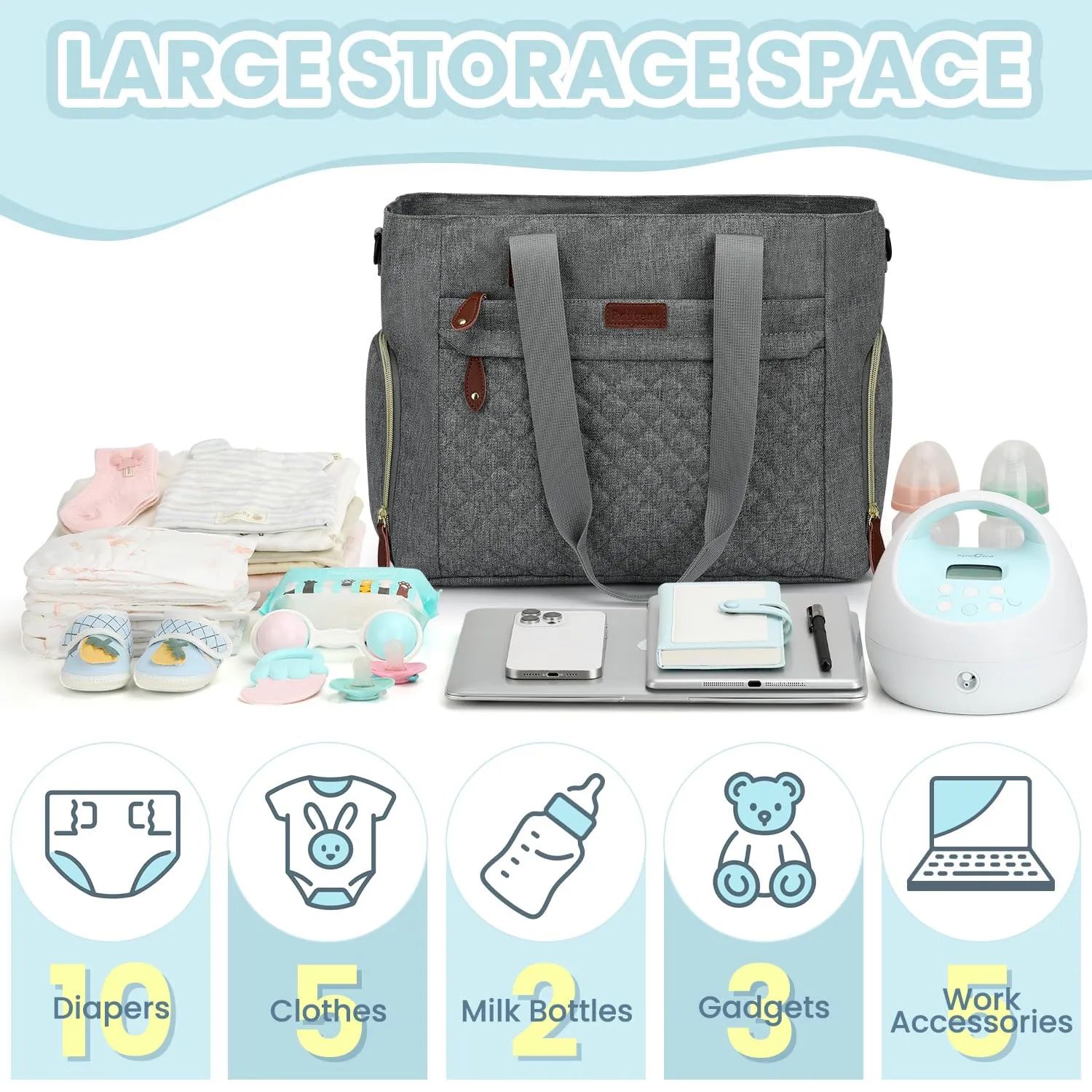 Diaper Bag Tote for Working Mom, Large Travel Diaper Tote for Mom and Dad with 15 Inch Laptop Sleeve, Mommy Maternity Travel Baby Bag for Boys and Girls, Grey