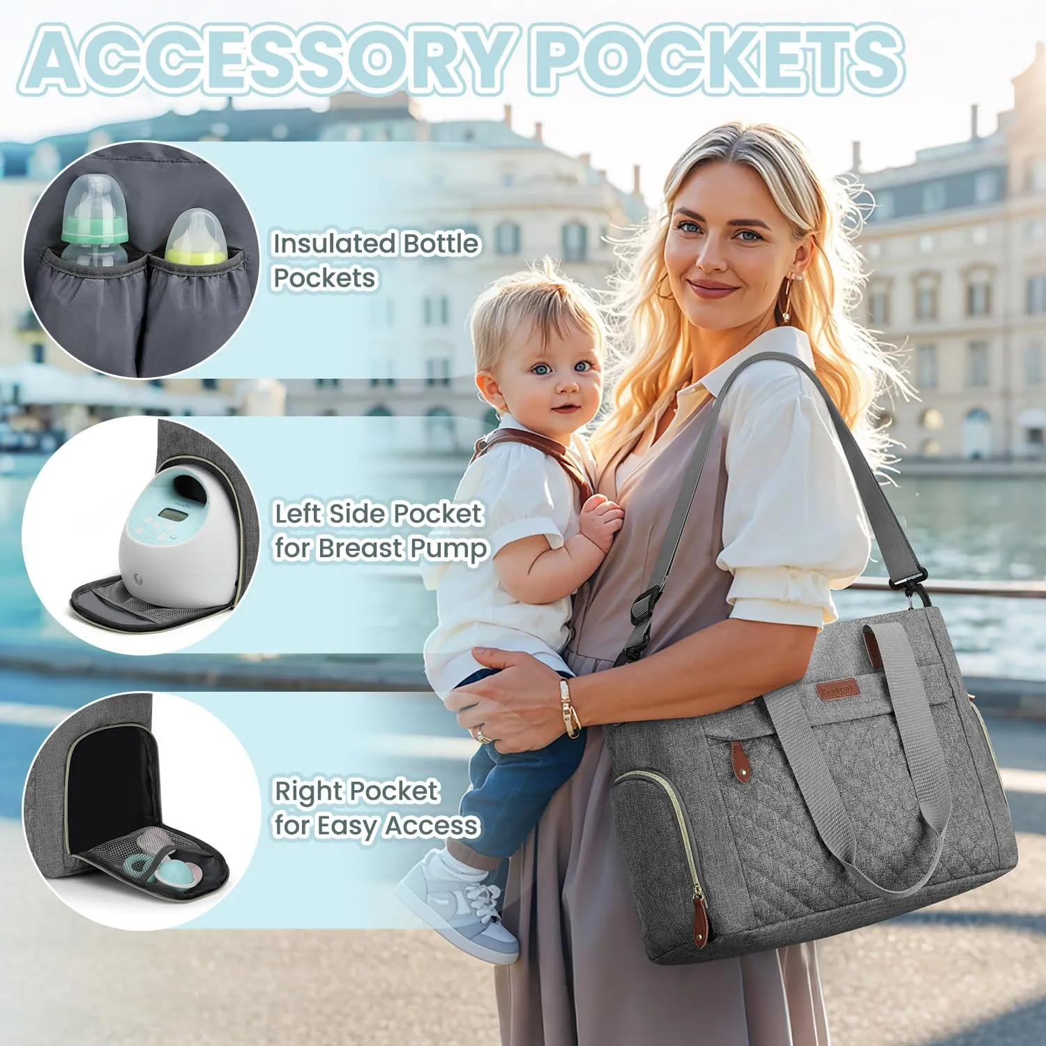 Diaper Bag Tote for Working Mom, Large Travel Diaper Tote for Mom and Dad with 15 Inch Laptop Sleeve, Mommy Maternity Travel Baby Bag for Boys and Girls, Grey