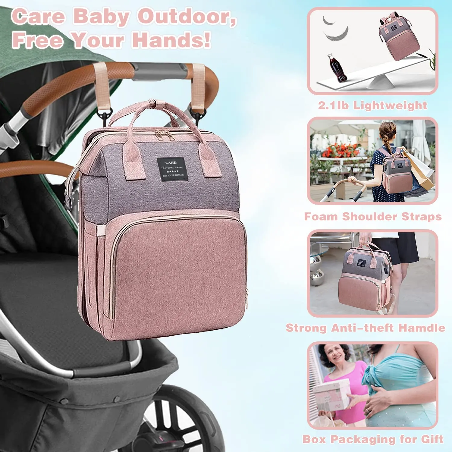 Diaper Bag with Changing Station,Diaper Bag Backpack，7 in 1 Travel Baby Diaper Bag,Mommy Bag With USB Charging Port (Pink-Grey)