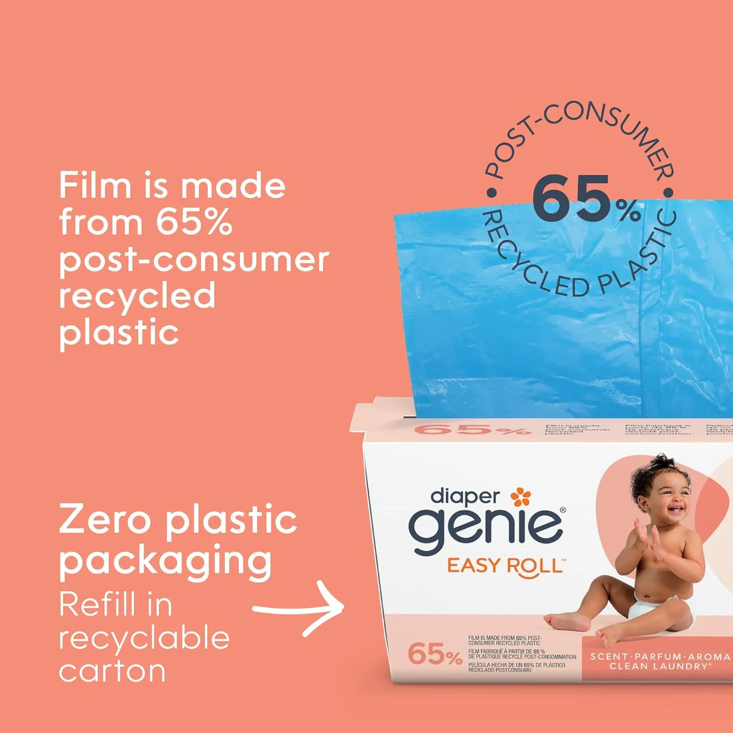 Diaper Genie Easy Roll Refill | 30 Clean Laundry Scent Bags | 65% PCR Film | Fits Platinum, Signature & Deluxe
