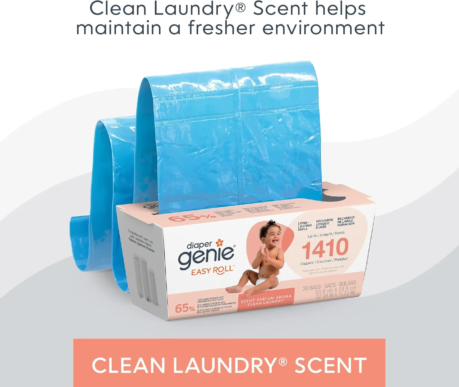 Diaper Genie Easy Roll Refill | 30 Clean Laundry Scent Bags | 65% PCR Film | Fits Platinum, Signature & Deluxe
