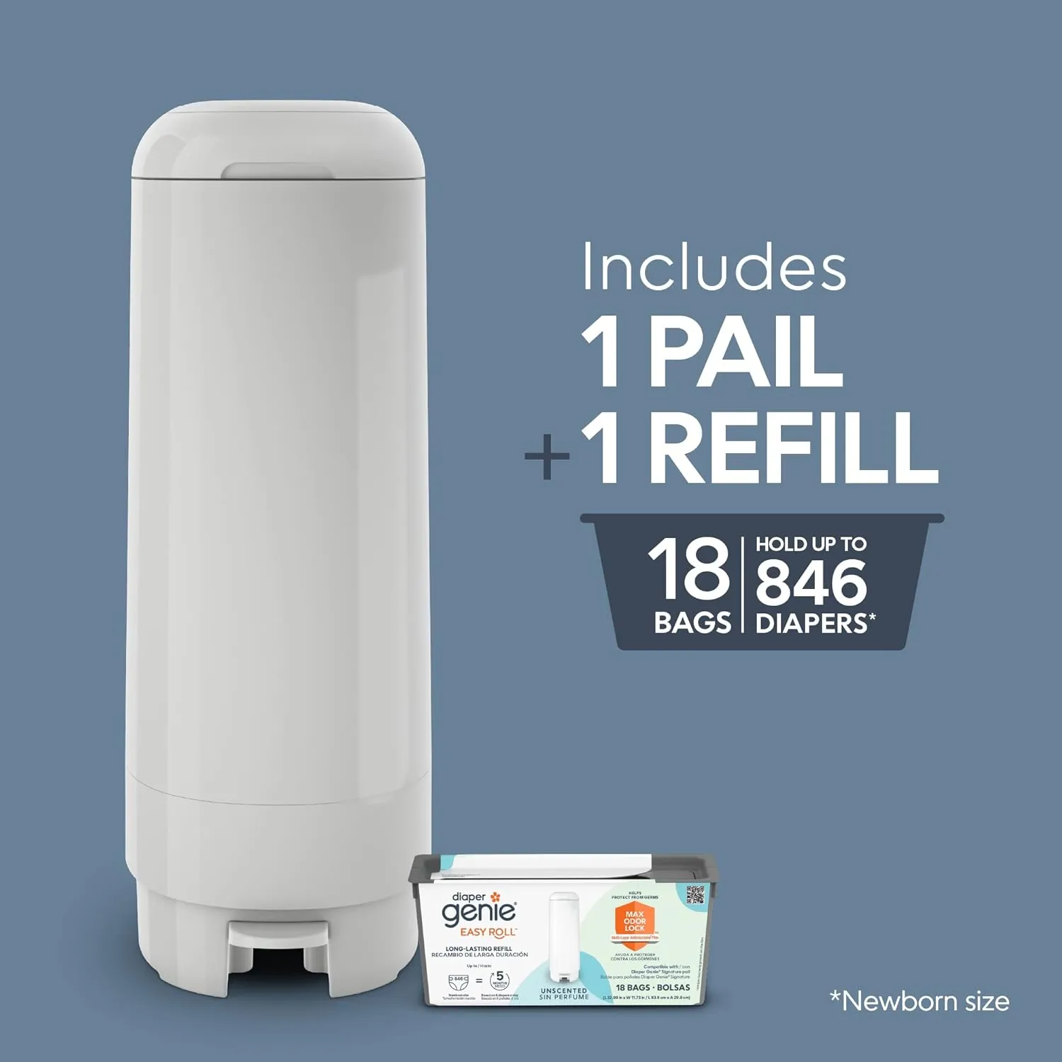 Diaper Genie Signature Pail (Grey) Includes 1 Easy Roll Refill with 18 Bags | Holds Up to 846 Newborn-Sized Diapers Per Refill