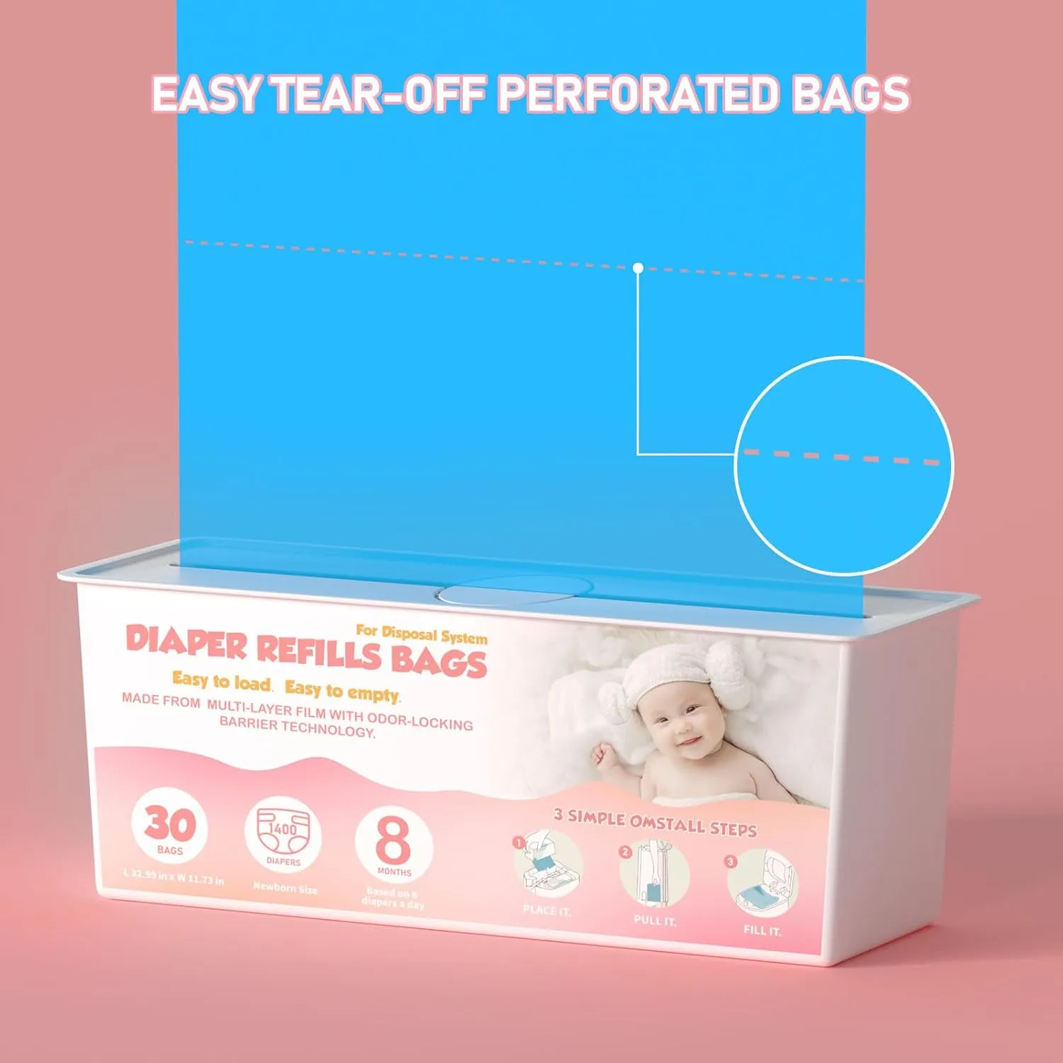 Diaper Pail Easy Roll Refill Bags with 30 Bags Compatible with Genie Easy Roll Signature and Platinum Diaper Pails, 7-Layer Odor-Barrier Technology, Lasts Up to 8 Months, 120 Bags (4 Pack)
