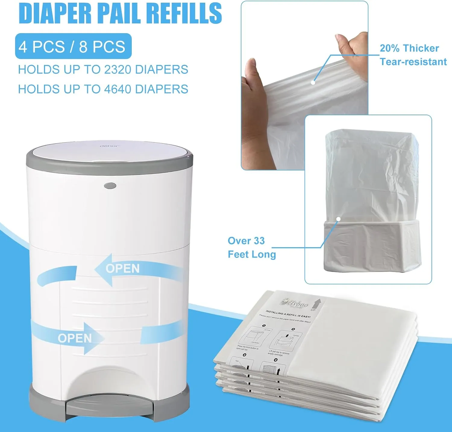Diaper Pail Refill Bags Compatible with Dekor Plus Diaper Pail Refills| 4 Pack | Extra Thickness | Diaper Trash Bags | Fresh Powder Scent | Holds up to 2320 Diapers