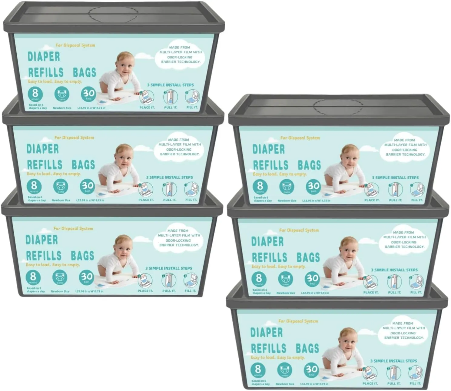 Diaper Pail Refill Bags Compatible with Genie Easy Roll Signature Diaper Pails and Platinum Diaper Pail，7-Layer Odor-Barrier Technology, 6 Packs (180 Bags)