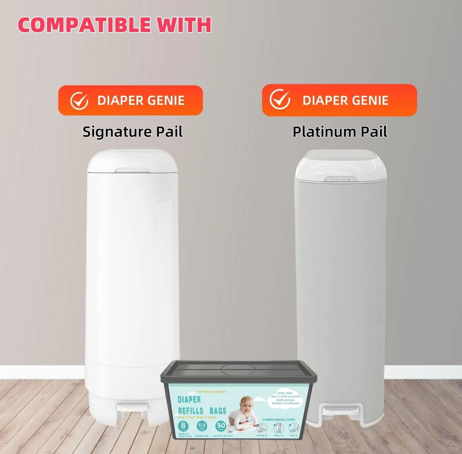 Diaper Pail Refill Bags Compatible with Genie Easy Roll Signature Diaper Pails and Platinum Diaper Pail，7-Layer Odor-Barrier Technology, 6 Packs (180 Bags)