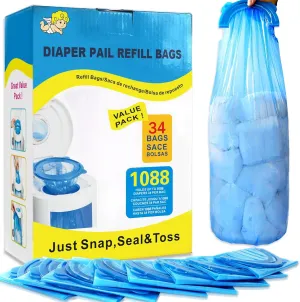 Diaper Pail Refill Bags,34 Bags Holds 1088 Counts Compatible with Arm&Hammer Diaper Pail Disposal System,Diapers Pails Snap,Seal and Toss Pail Refill Bags
