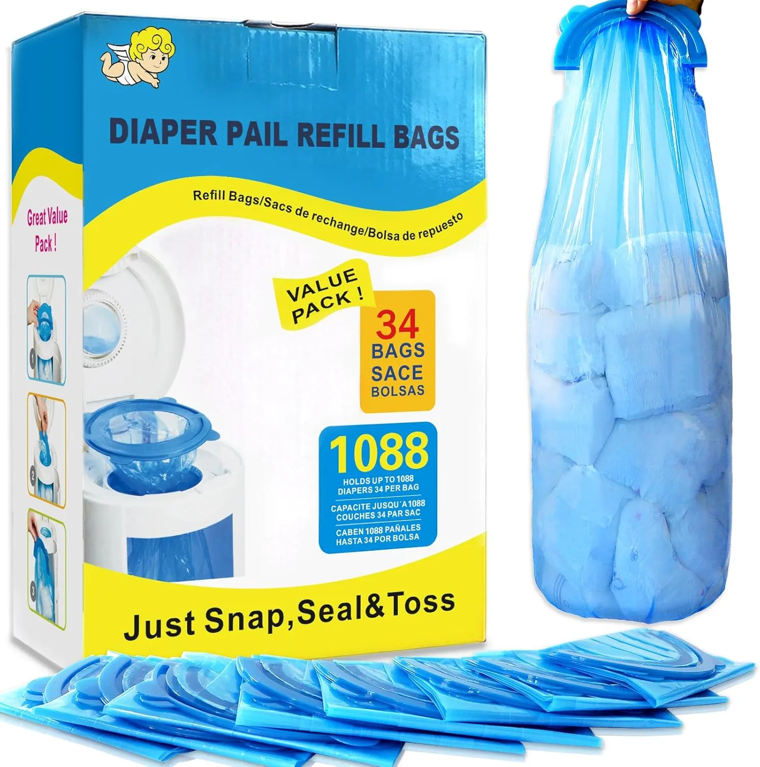Diaper Pail Refill Bags,34 Bags Holds 1088 Counts Compatible with Arm&Hammer Diaper Pail Disposal System,Diapers Pails Snap,Seal and Toss Pail Refill Bags