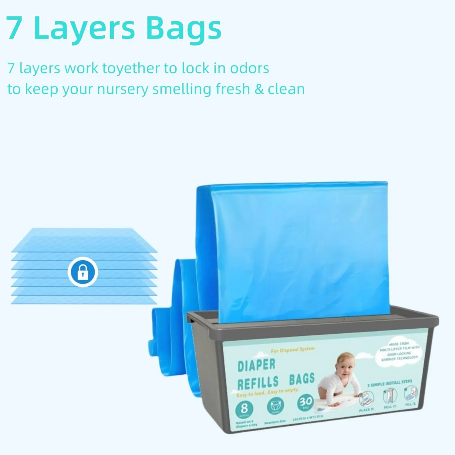 Diaper Pail Refills Bags with 30 Bags Compatible with Genie Easy Roll Signature and Platinum Diaper Pails, 7-Layer Odor-Barrier Technology-3 Packs