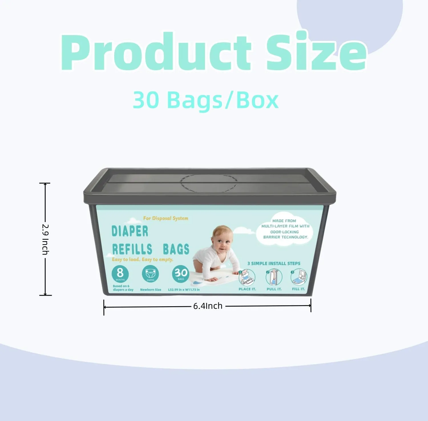Diaper Pail Refills Bags with 30 Bags Compatible with Genie Easy Roll Signature and Platinum Diaper Pails, 7-Layer Odor-Barrier Technology