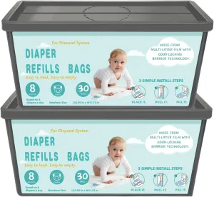 Diaper Pail Refills Bags with 30 Bags Compatible with Genie Easy Roll Signature and Platinum Diaper Pails, 7-Layer Odor-Barrier Technology