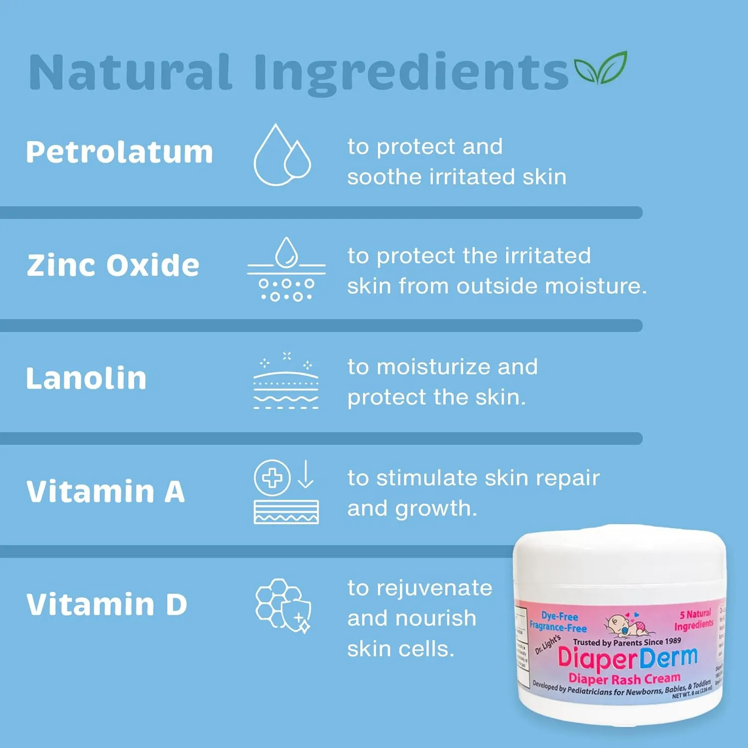 DiaperDerm Baby Diaper Rash Cream Pediatrician Formulated with 5 Ingredients for Gentle, Happy, and Rash-Free Skin Care, 8 oz