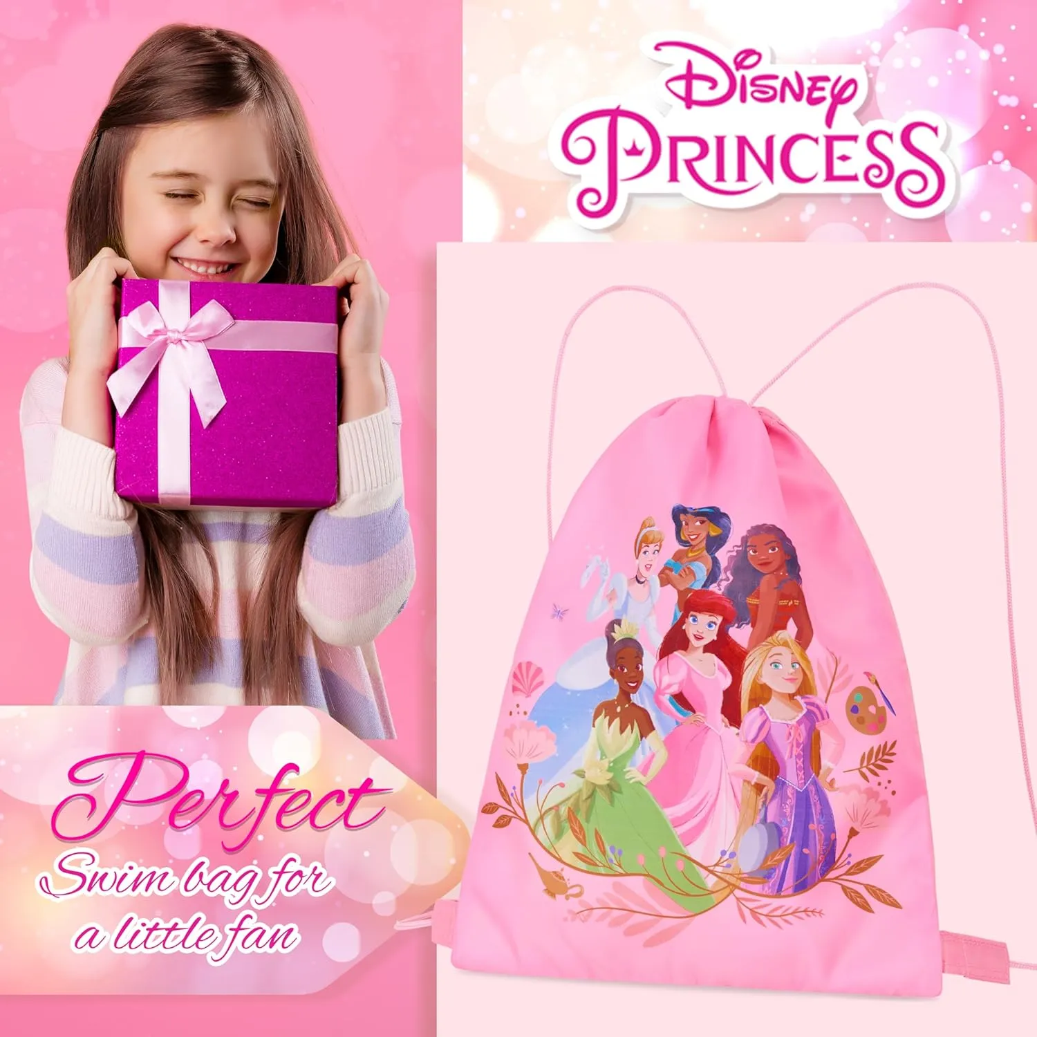Disney Drawstring Bags, 11 x 14” Swimming Bag with Airflow Vent (Pink Princess)