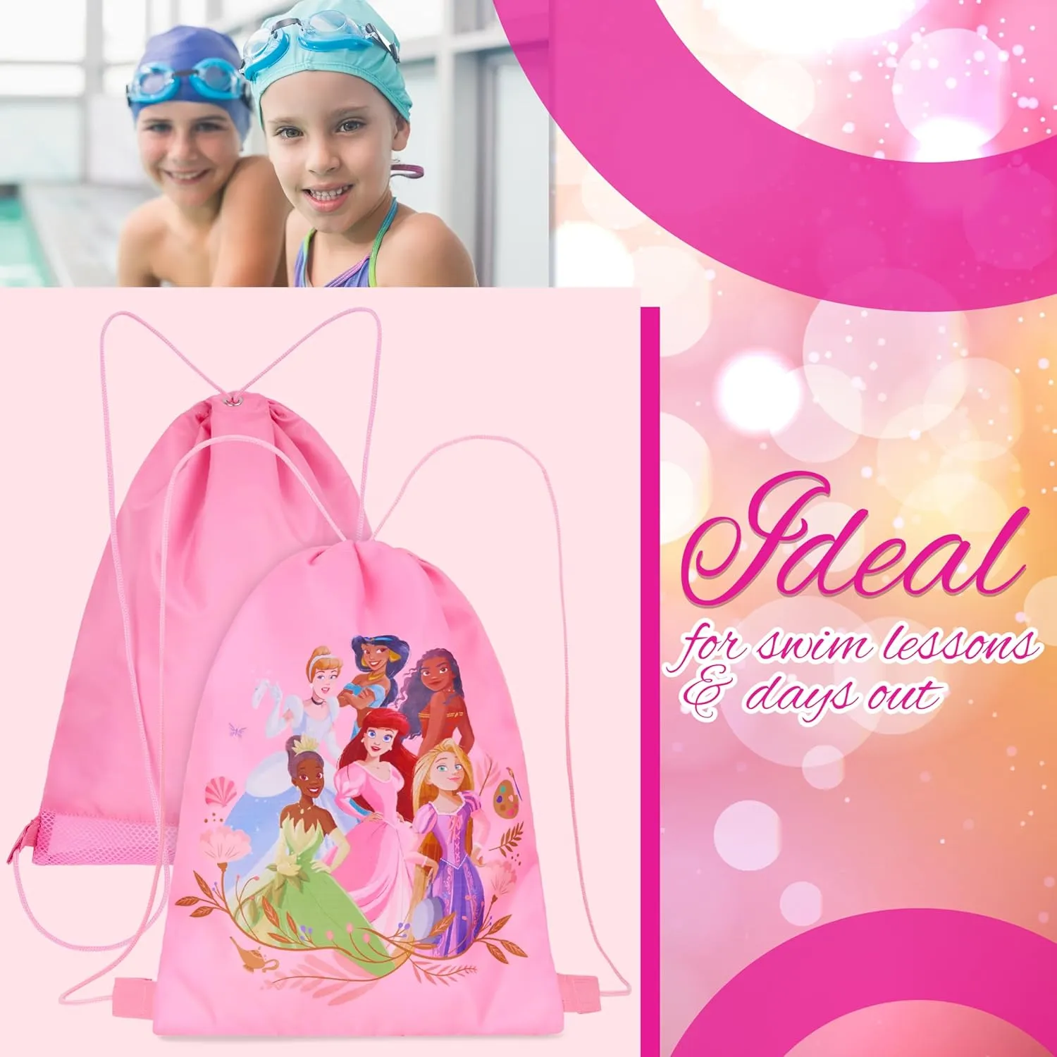 Disney Drawstring Bags, 11 x 14” Swimming Bag with Airflow Vent (Pink Princess)