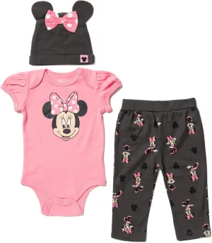 Disney Mickey Mouse Minnie Mouse Lion King Winnie The Pooh Baby Bodysuit Pants and Hat 3 Piece Outfit Set Newborn to Infant